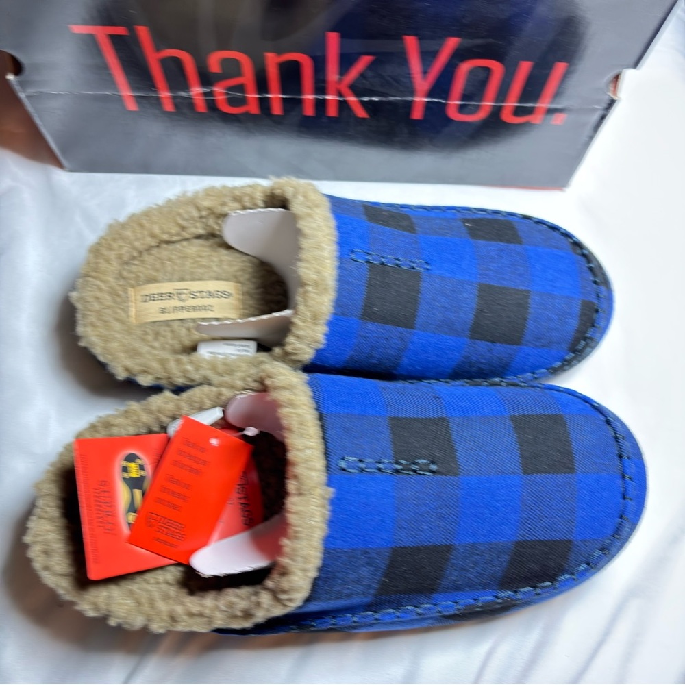 Deer Stags Nordic Slippers Men’s 12 Blue Black Plaid Indoor Outdoor Memory Foam - Picture 3 of 6